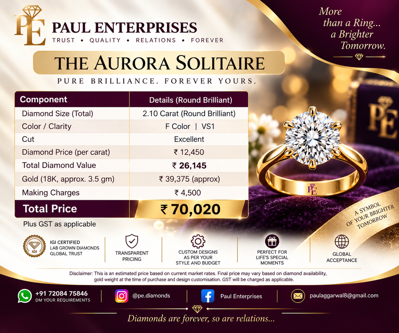Aurora Solitaire diamond ring by PE Diamonds